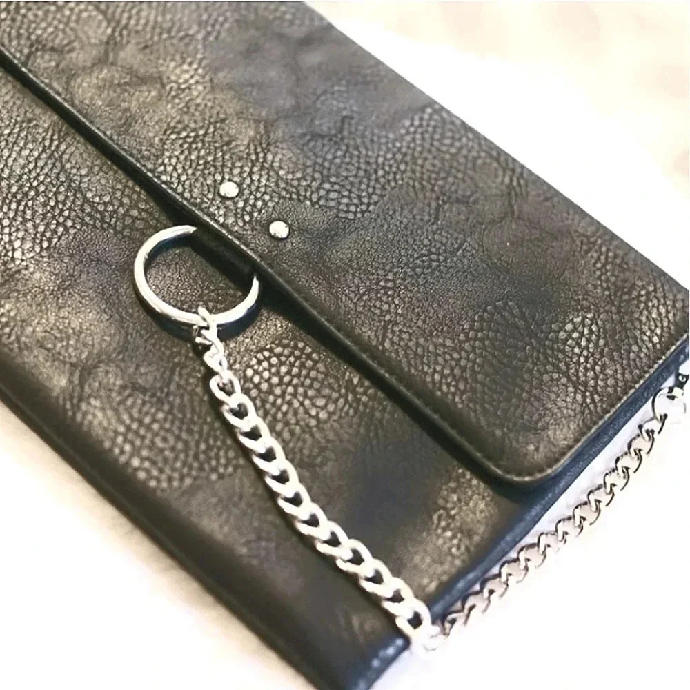 Silver O Ring chain black vegan leather clutch